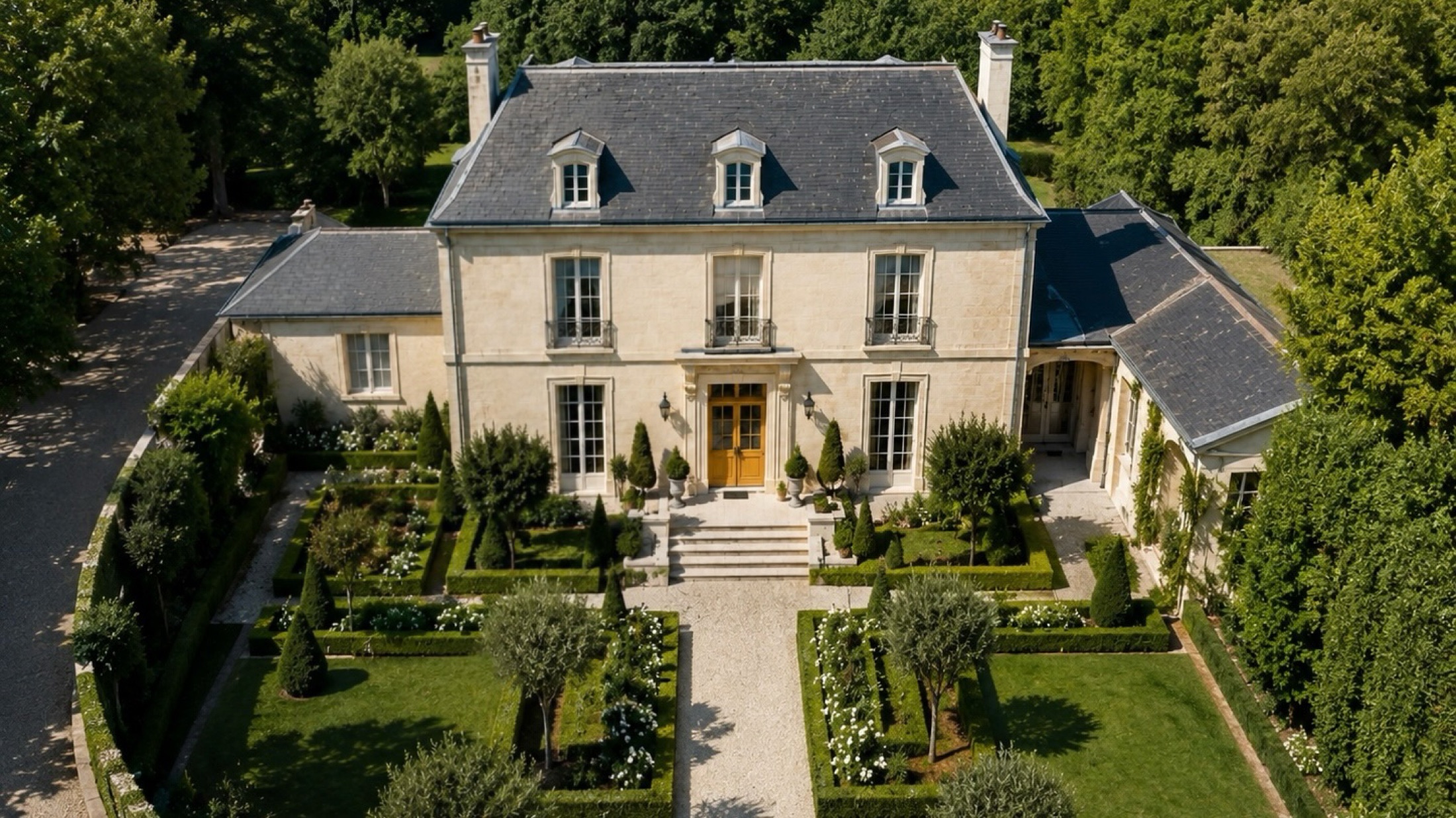 Vue aérienne d’une maison en pierre claire avec jardin structuré