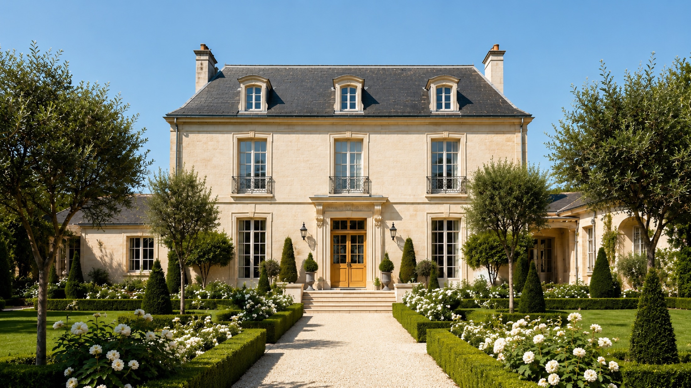 Façade avant de la maison en pierre vue depuis l’allée du jardin