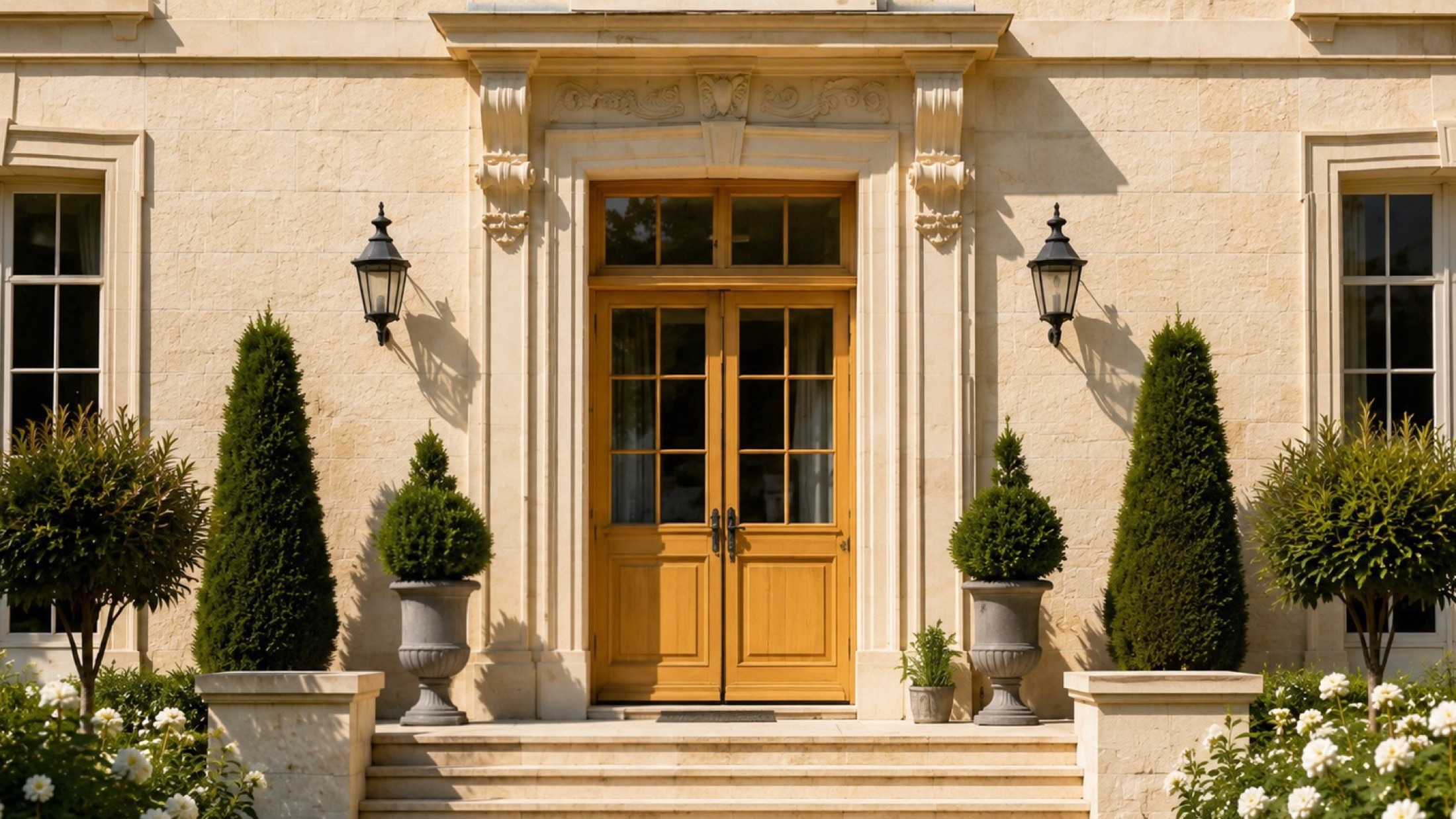 Porte d’entrée en chêne doré encadrée d’un portail en pierre sculptée