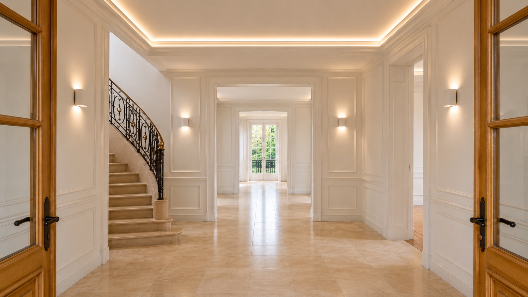 Hall d’entrée vide avec escalier en pierre et garde-corps en fer forgé