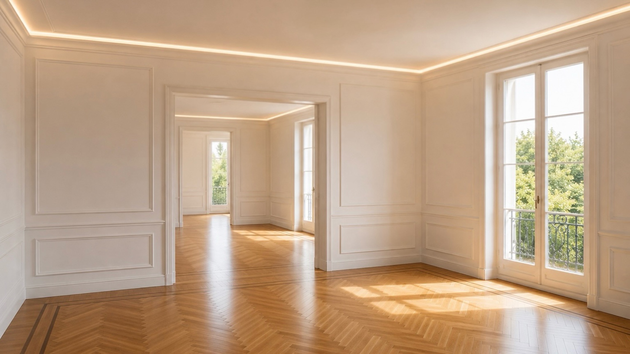 Salon vide rénové : boiseries, parquet en chevrons, corniche éclairée