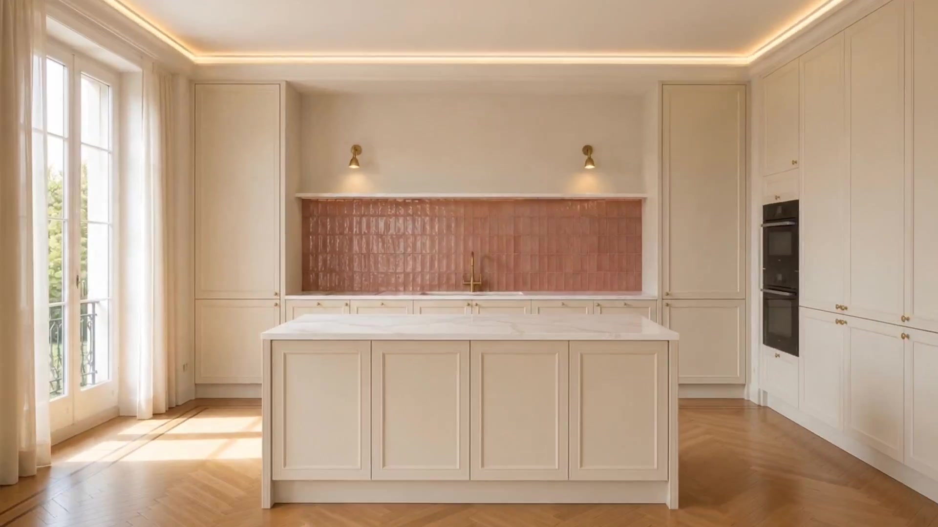 Cuisine installée : façades crème, crédence en zellige rose, îlot central