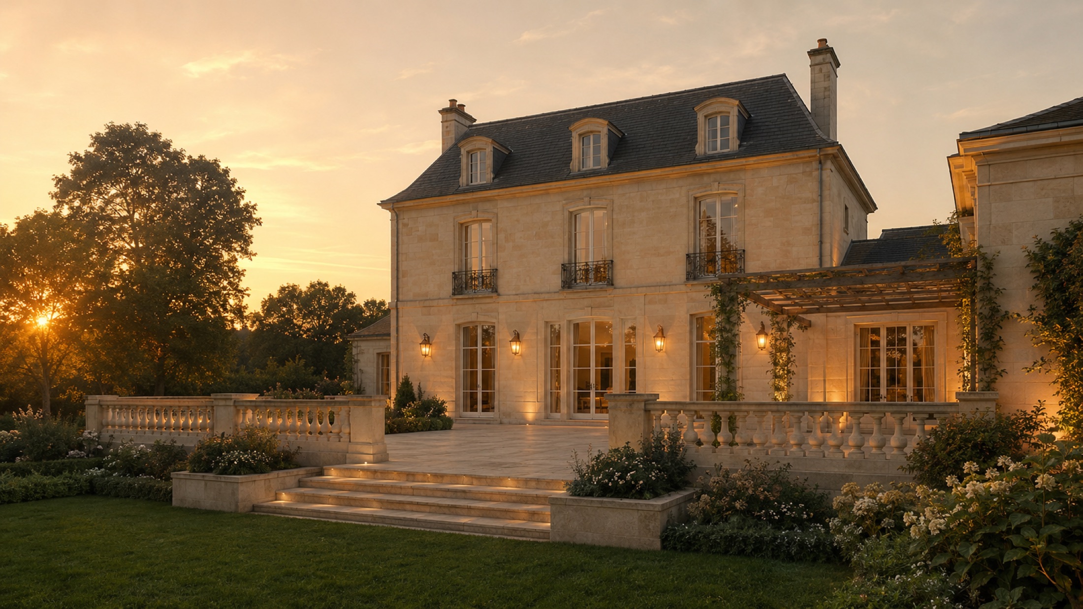 Façade arrière au coucher du soleil avec terrasse en pierre et balustrade